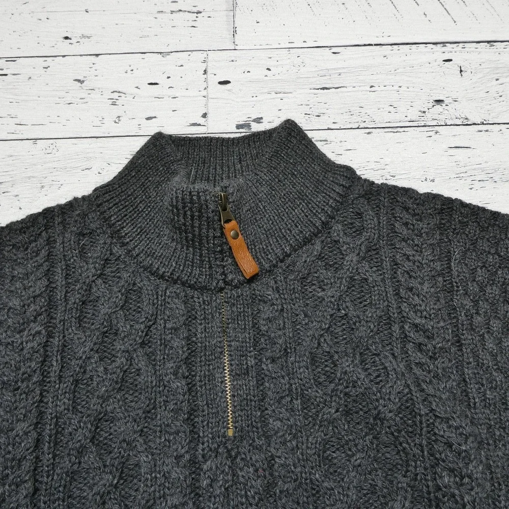 Aran Crafts Sweater Mens XL Gray Merino Wool Cable Knit 1/4 Zip Mock Neck Irish